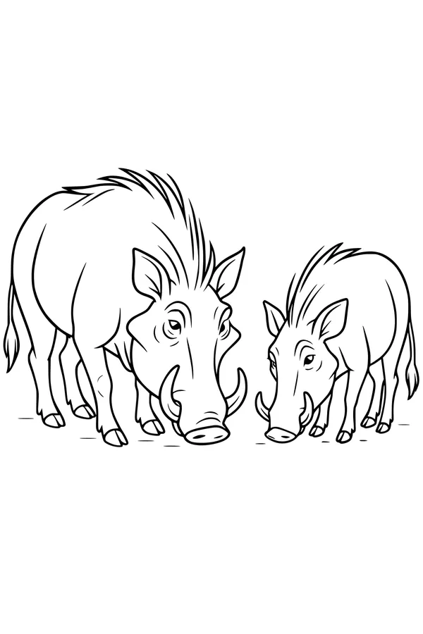Free Warthog Coloring Page - Mother and Son Sniffing the Ground (Printable PDF)
