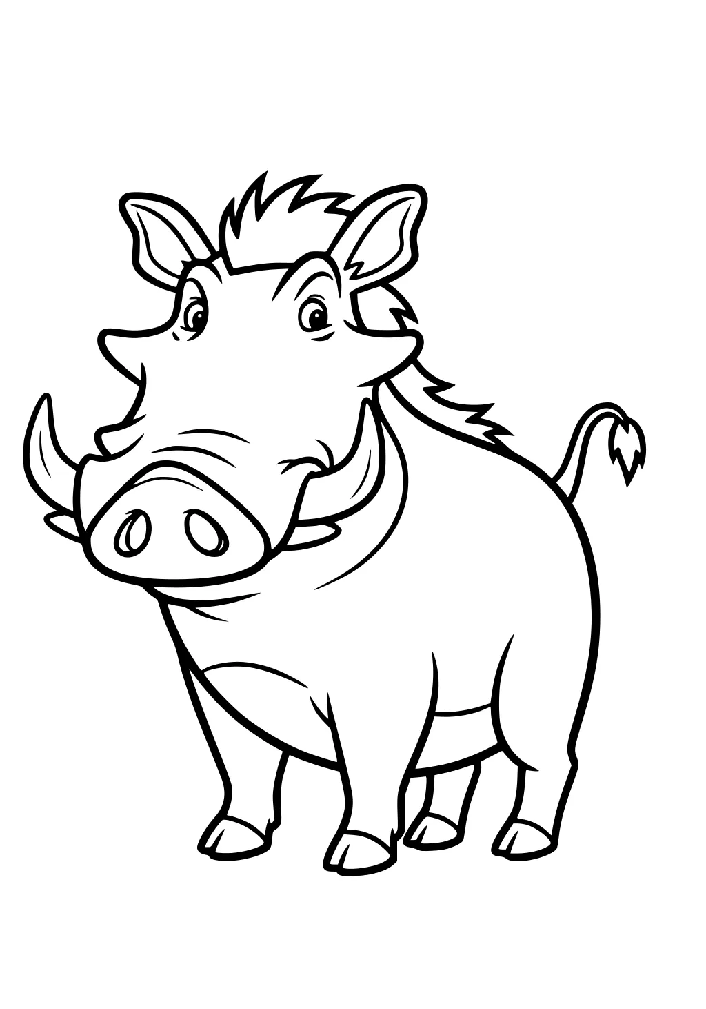 Cartoon warthog with large tusks, upright ears, spiky mane, round body, and curly tail.