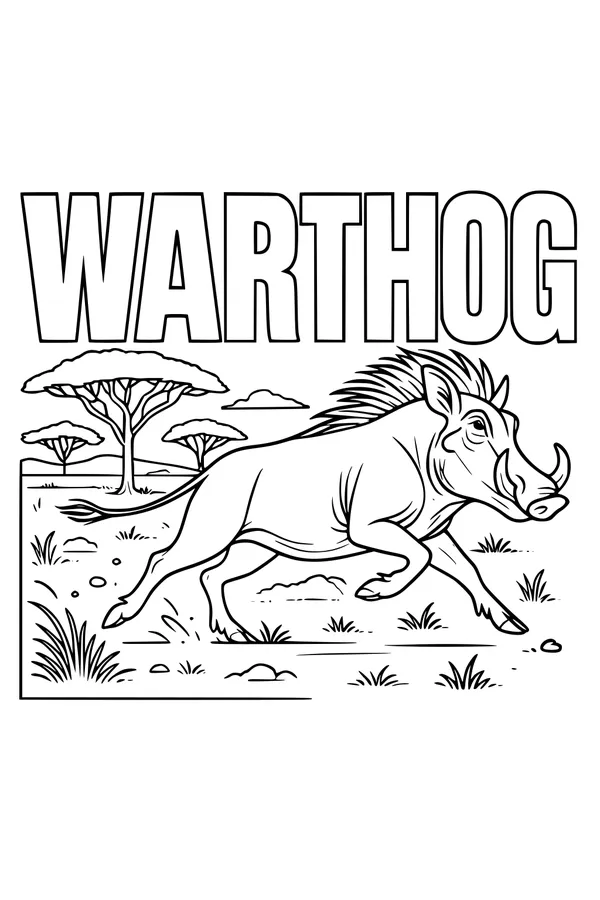 Free Warthog Coloring Page - Running Savanna Scene (Printable PDF)