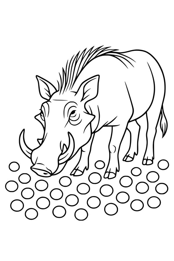 Free Warthog Coloring Page - Cartoon Warthog on Spotted Ground (Printable PDF)