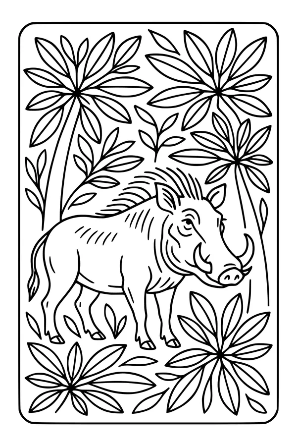 Free Warthog Coloring Page - Jungle Stroll Among Leafy Plants (Printable PDF)