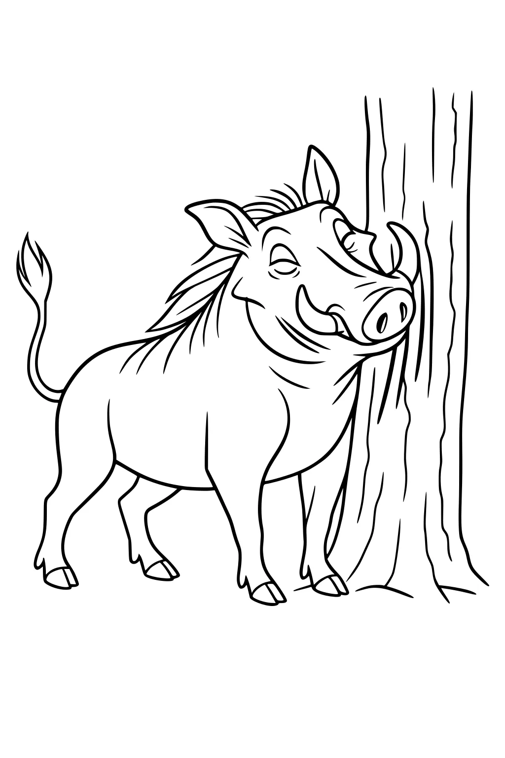 Warthog scratching his face and tusks on a tree trunk with a pleased expression and upright mane.