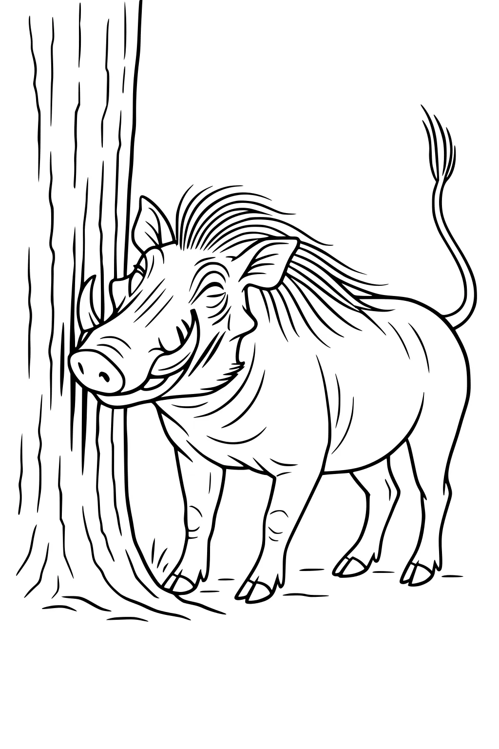Warthog with bristly mane scratches head against a tree trunk, tail curved, standing on the ground.