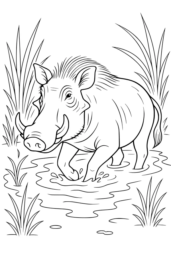 Free Warthog Coloring Page - Splashing in a Muddy Pond (Printable PDF)