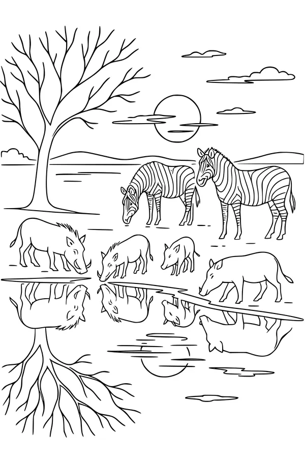 Free Warthog Coloring Page - Family at Sparkling Waterhole (Printable PDF)