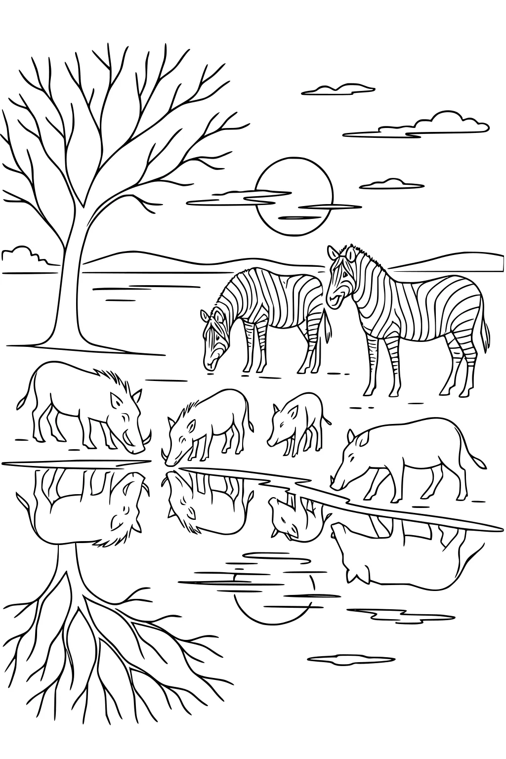 Warthog family and zebras by a waterhole with tree, sun, clouds, and detailed reflections in the pond.