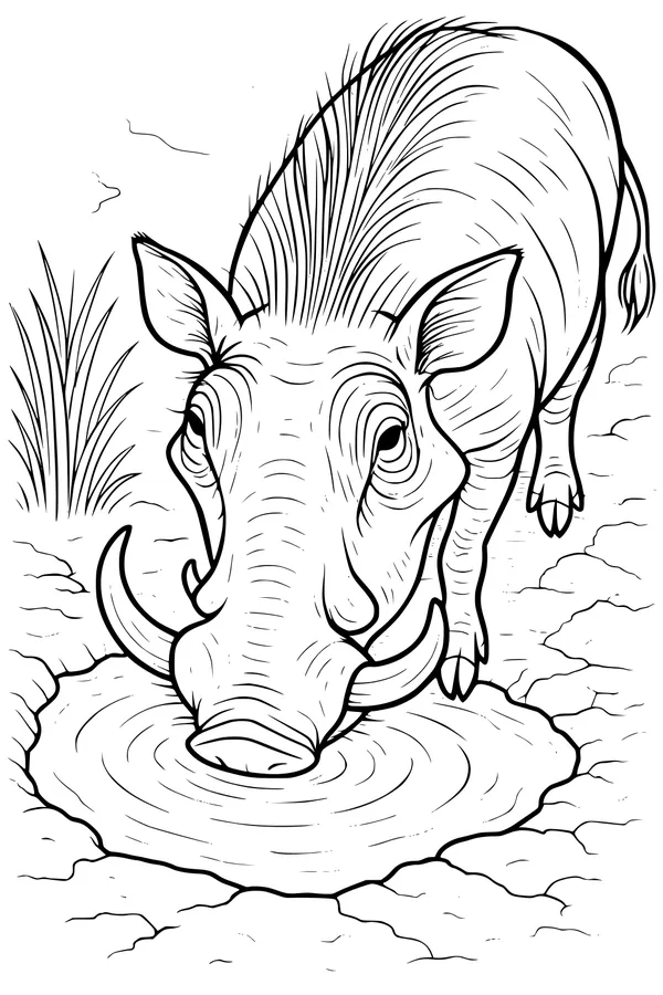 Free Warthog Coloring Page - Thirsty Warthog at Muddy Waterhole (Printable PDF)