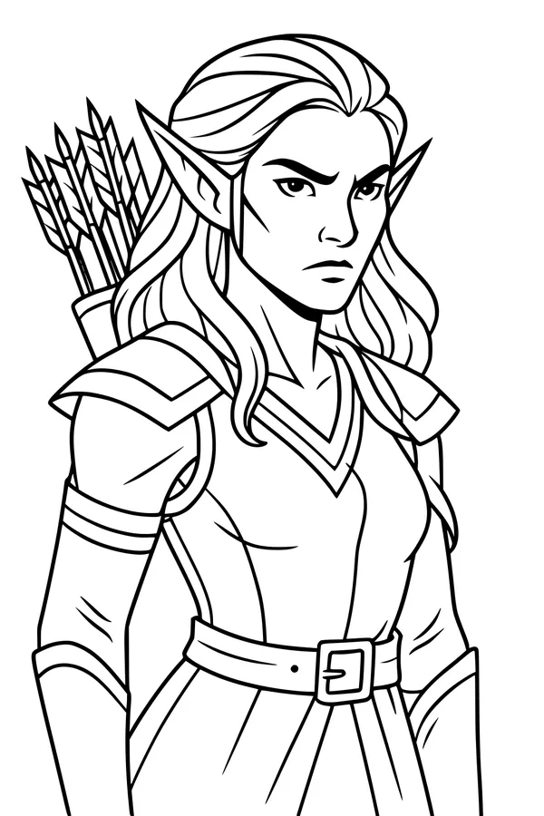 Free Elf Ranger Coloring Page - Watchful Fantasy Archer (Printable PDF)