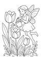 Free Fairy Coloring Page - Gardener Watering Tulips in Spring Garden (Printable PDF)
