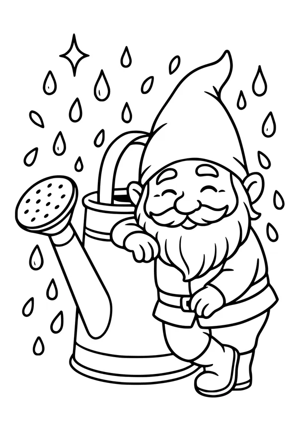 Free Gnome Coloring Page - Garden Gnome by Watering Can (Printable PDF)