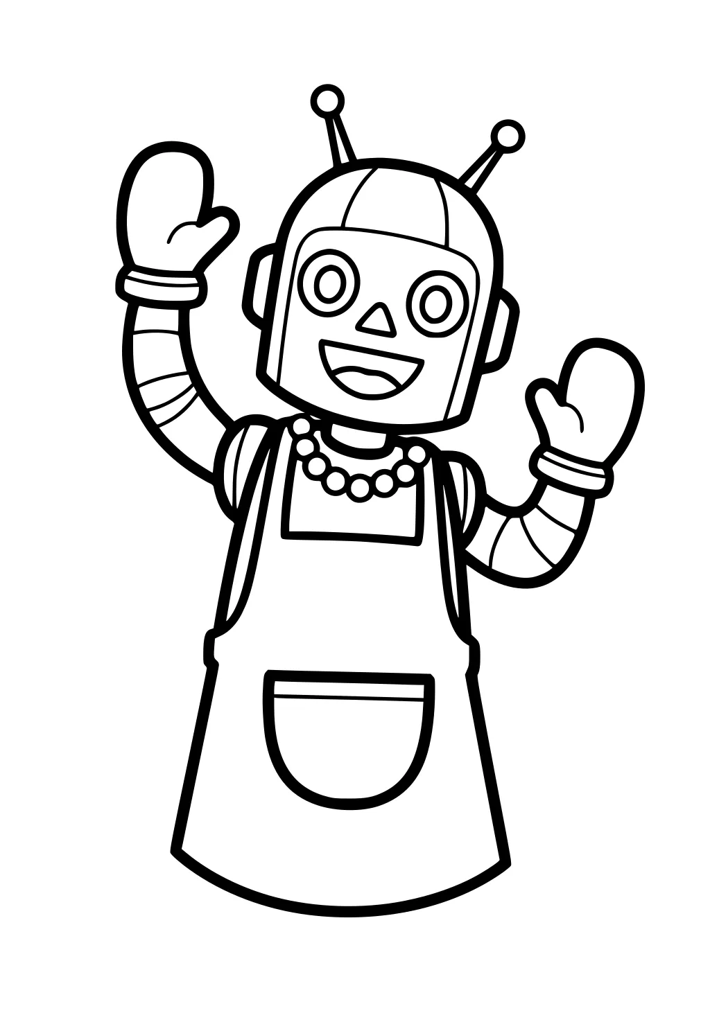 Smiling girl robot with antennas, striped arms, bead necklace and apron pocket, waving both mitten hands in a simple cartoon outline.