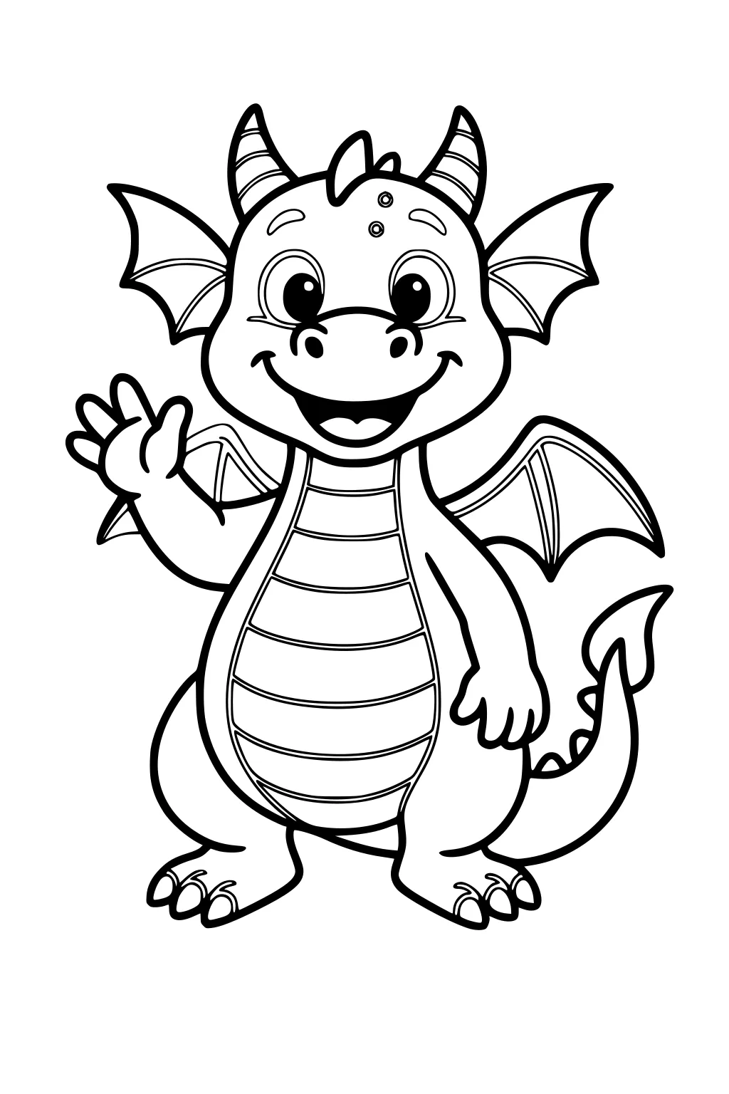 Smiling baby dragon waving with big eyes, striped belly, small wings, horns, and curled tail in simple cartoon outline.