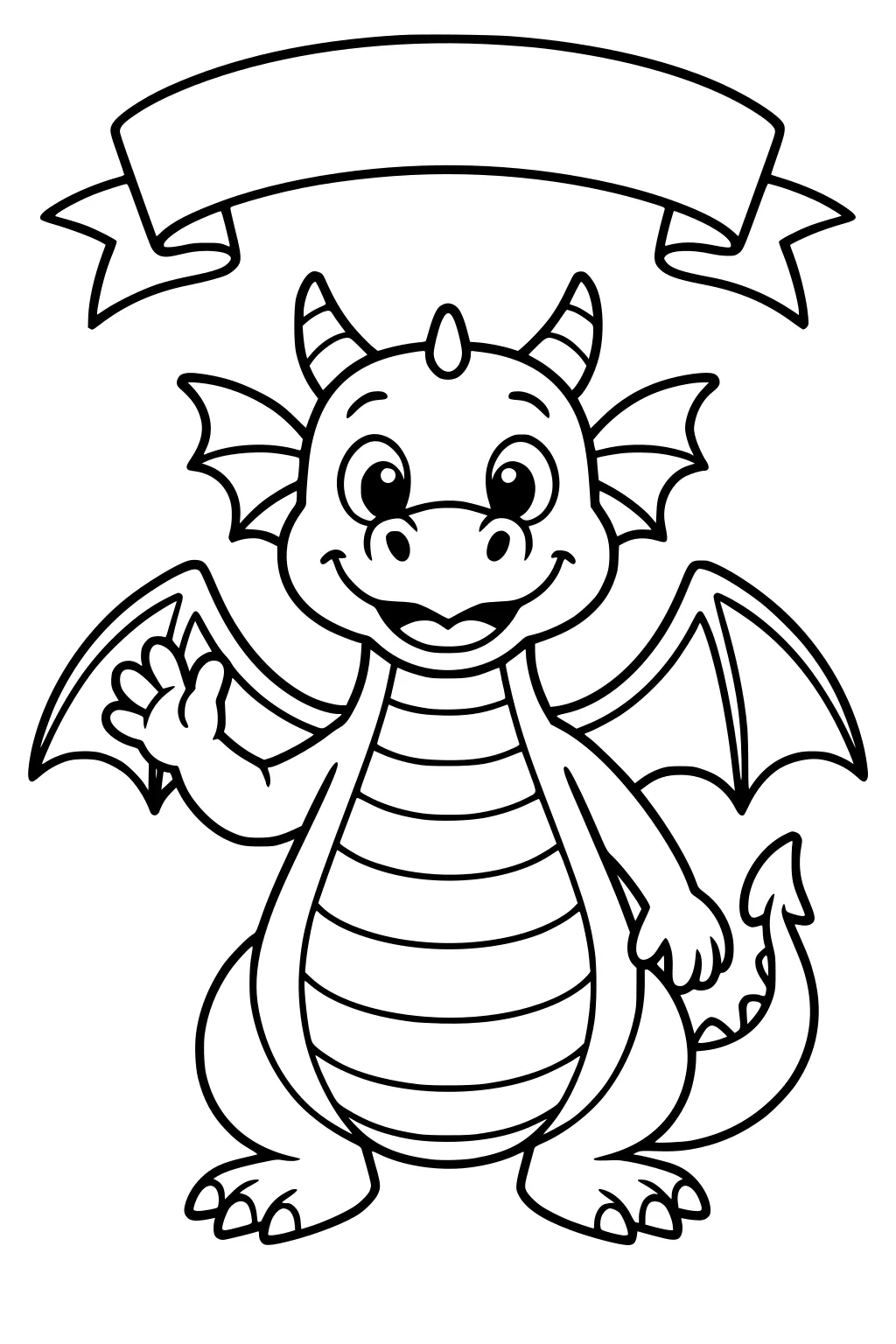 Smiling baby dragon waving with open wings, striped belly, small horn, curled tail, under a blank ribbon banner.