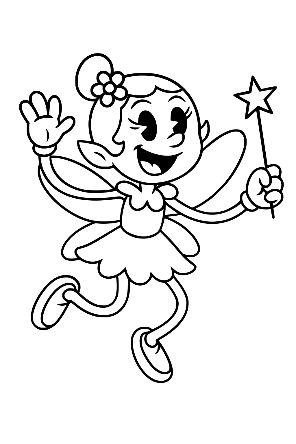 Smiling fairy girl waves and holds a star wand; flower hair clip, wings, scalloped dress, big shoes, midair pose.