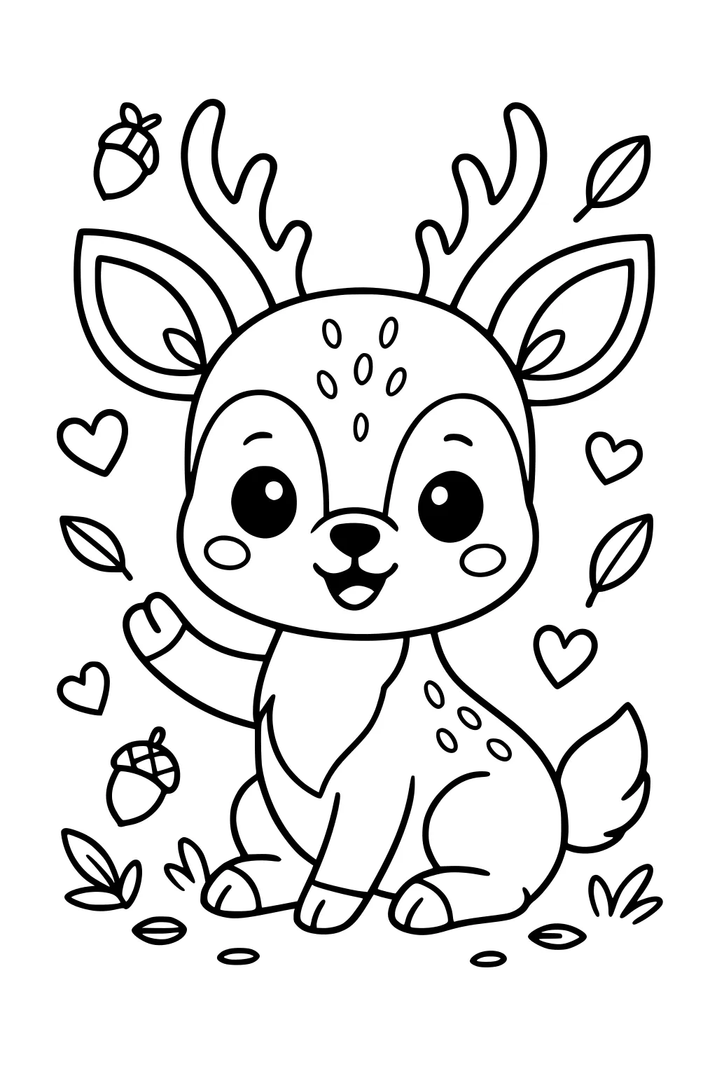 Smiling baby deer with antlers waving, surrounded by hearts, leaves, acorns, and small tufts of grass.
