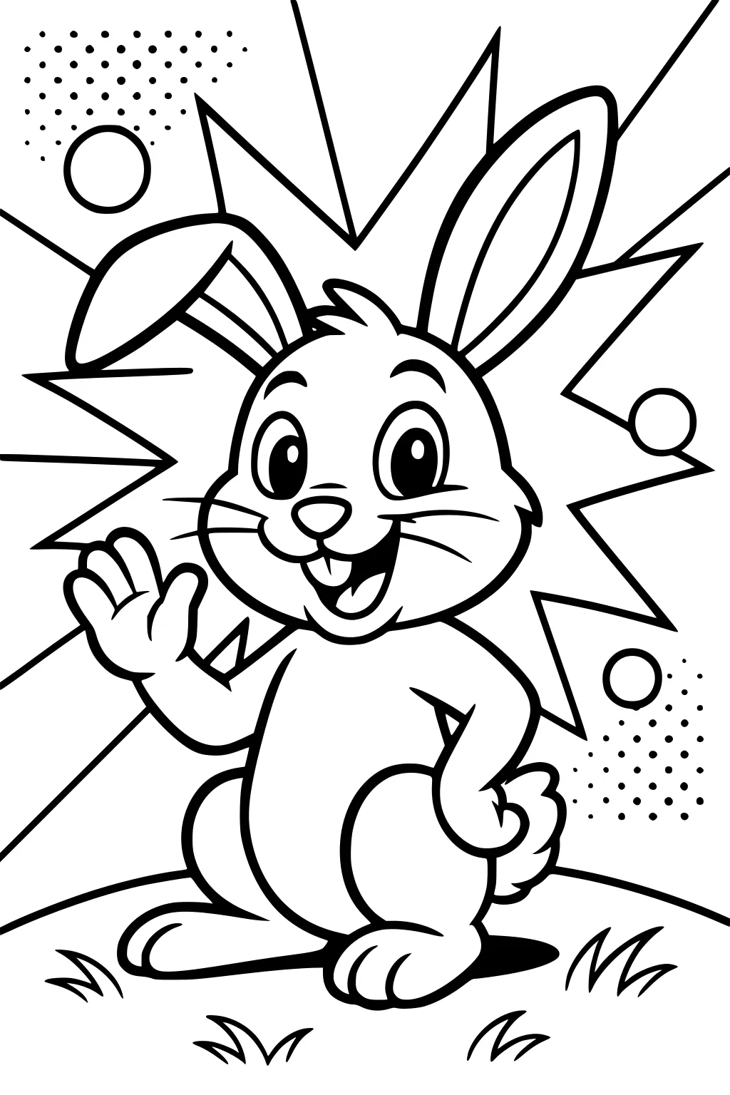 Cartoon rabbit waving on grassy hill, surrounded by bursting lines and circles in background.