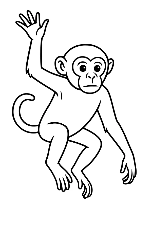 Free Monkey Coloring Page - Cute Waving Cartoon in the Jungle (Printable PDF)