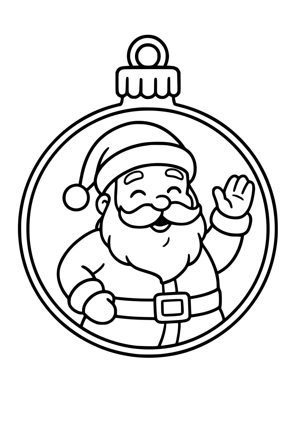 Smiling Santa waving inside a round Christmas ornament with hat, beard, belt, and top loop, drawn with bold simple outlines.