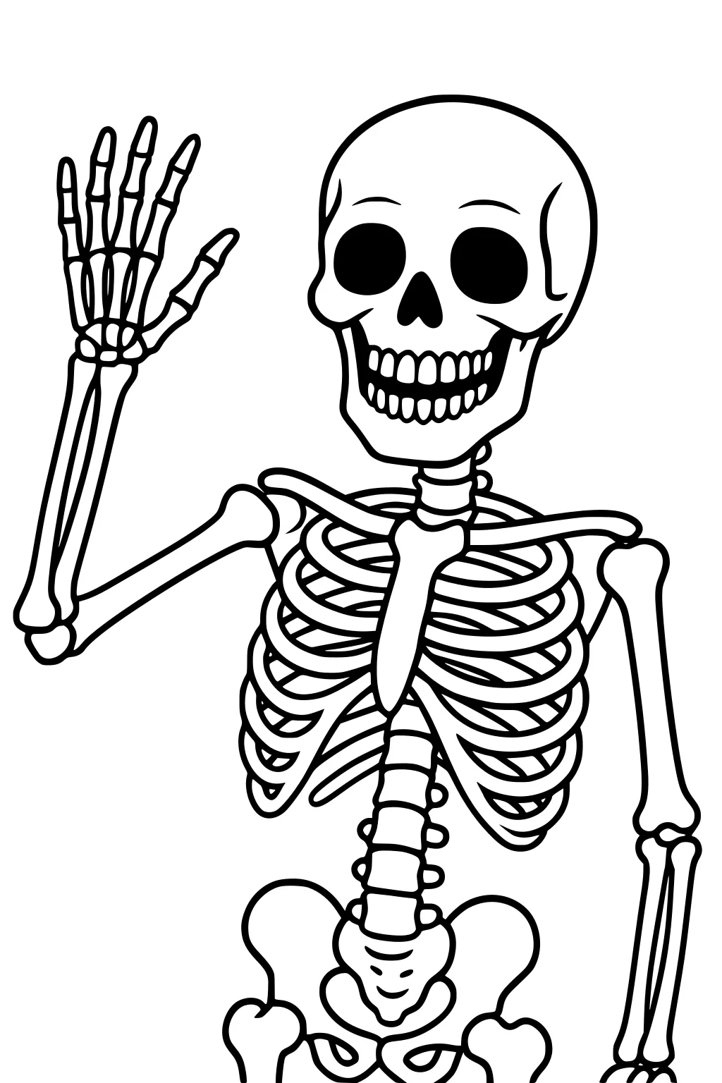 Smiling skeleton waves with raised left hand; skull, ribcage, spine, pelvis, and hand bones drawn in bold lines.