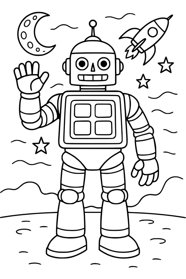 Free Robot Coloring Page - Moon-Bot Waving by Rocket (Printable PDF)