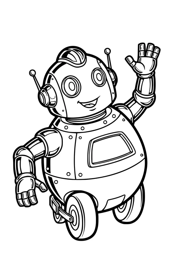 Free Robot Coloring Page - Friendly Wheel-Bot Waving Hello (Printable PDF)
