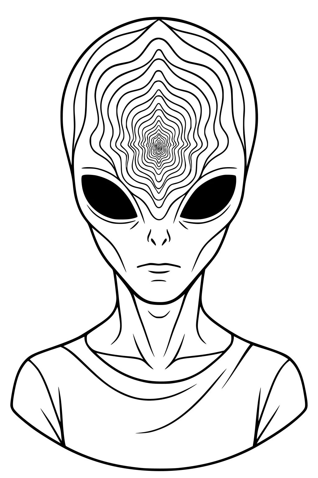 Alien portrait with big black eyes, wavy concentric forehead lines, small mouth, and a simple T-shirt, shown from the front.