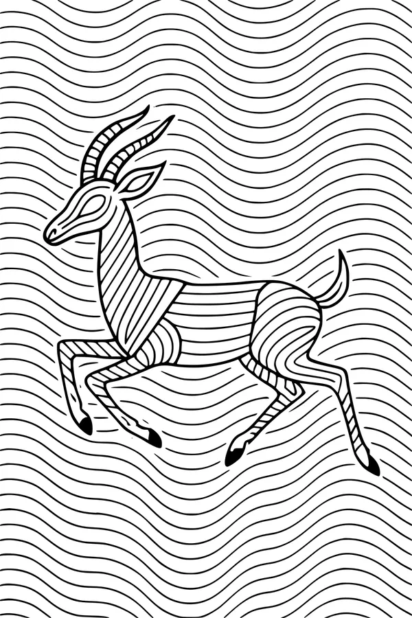 Free Gazelle Antelope Coloring Page - Striped Gazelle Running in Wavy Grass (Printable PDF)