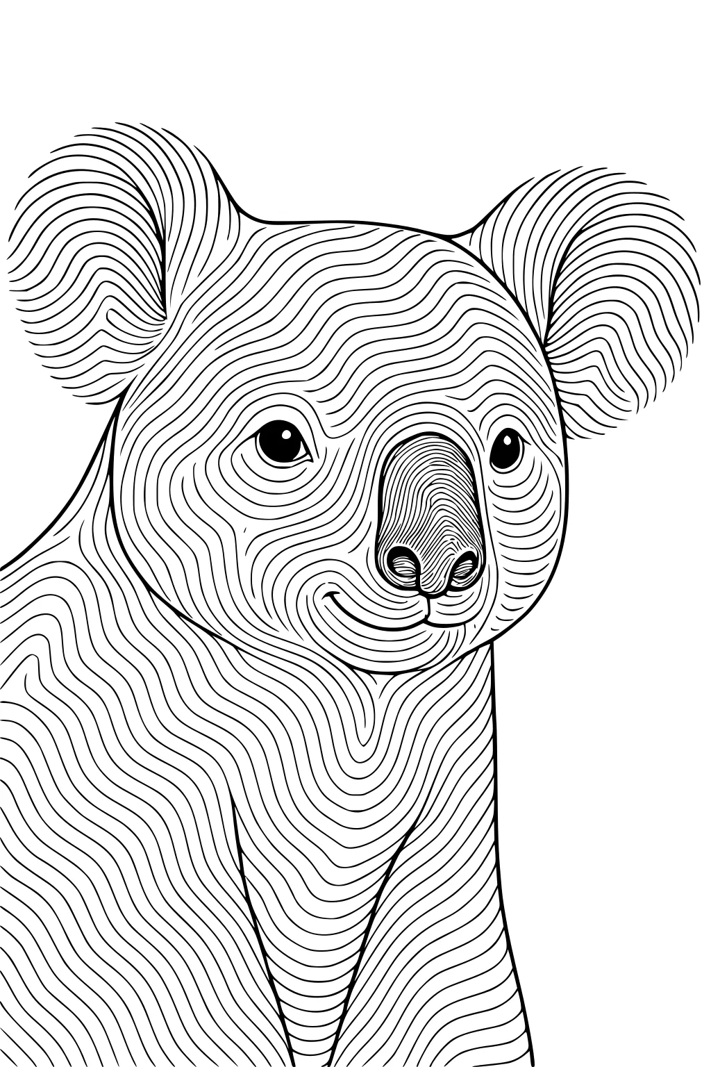 Wavy line drawing of a smiling koala with large ears, round nose, and gentle eyes.