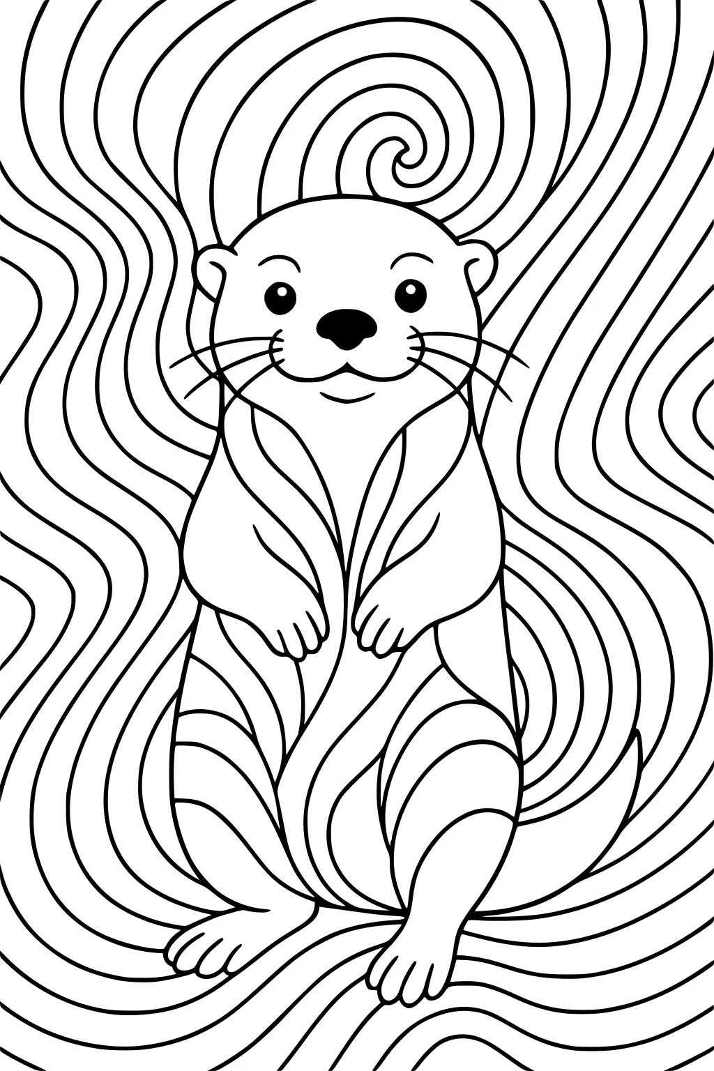 Smiling otter centered on the page, with swirling wave lines filling the background.