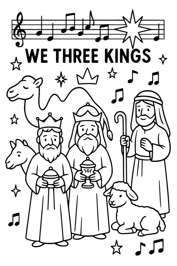Free Three Kings Nativity Coloring Page - We Three Kings Carol Scene (Printable PDF)