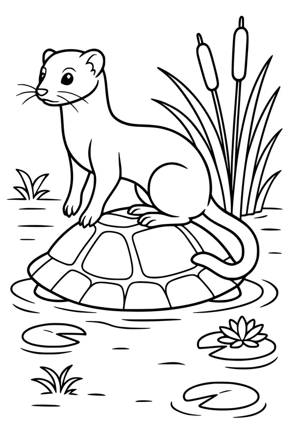 Free Weasel Coloring Page - Riding a Turtle in a Pond (Printable PDF)