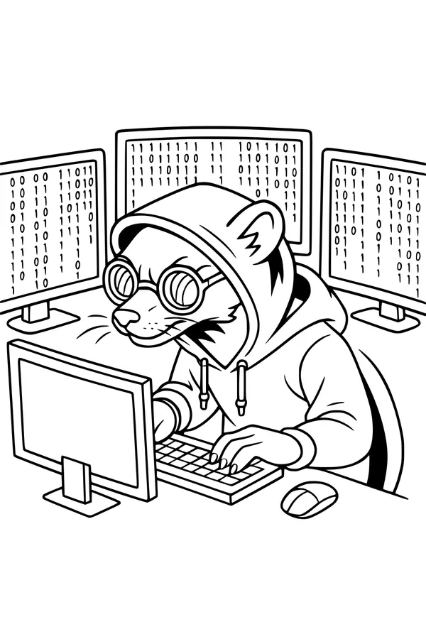 Free Weasel Coloring Page - Hoodie Hacker at Computer (Printable PDF)