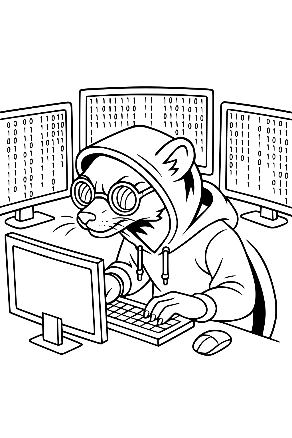 Weasel in hoodie and goggles typing at computer, surrounded by monitors displaying binary code.