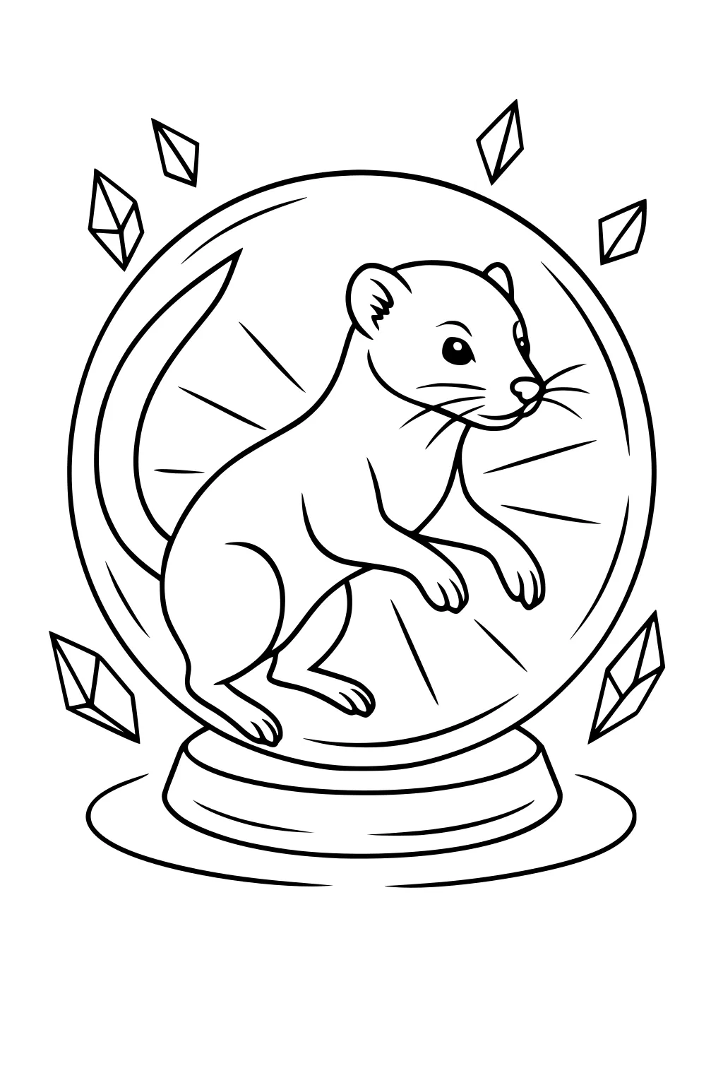 Weasel inside a crystal ball surrounded by floating crystal shapes and light rays.
