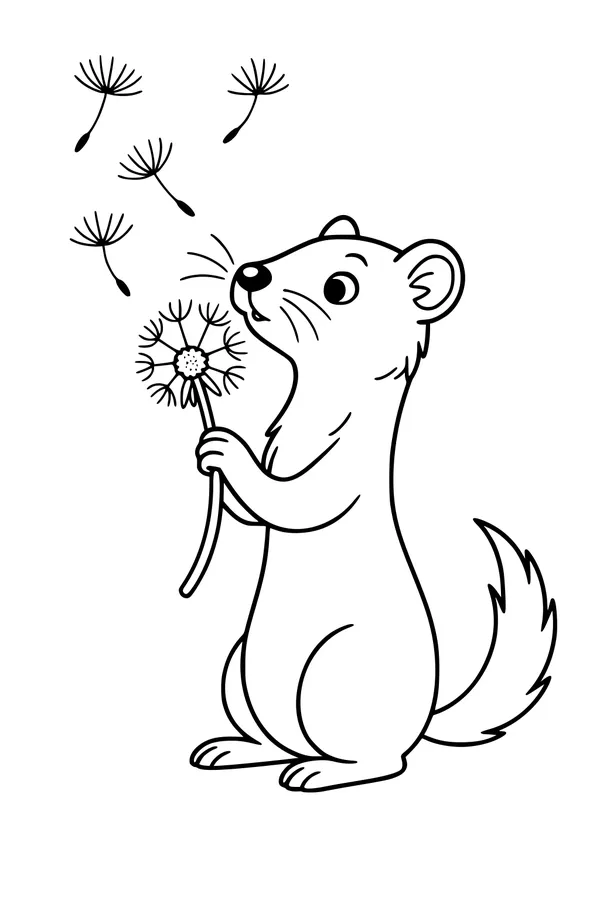 Free Weasel Coloring Page - Cute Cartoon Weasel With Dandelion (Printable PDF)
