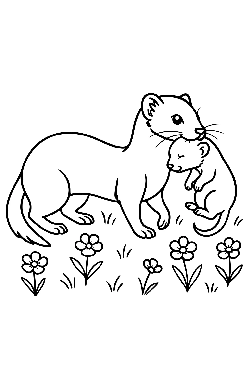 Mother weasel holds baby by the scruff, both standing on grass with flowers and leaves around them.
