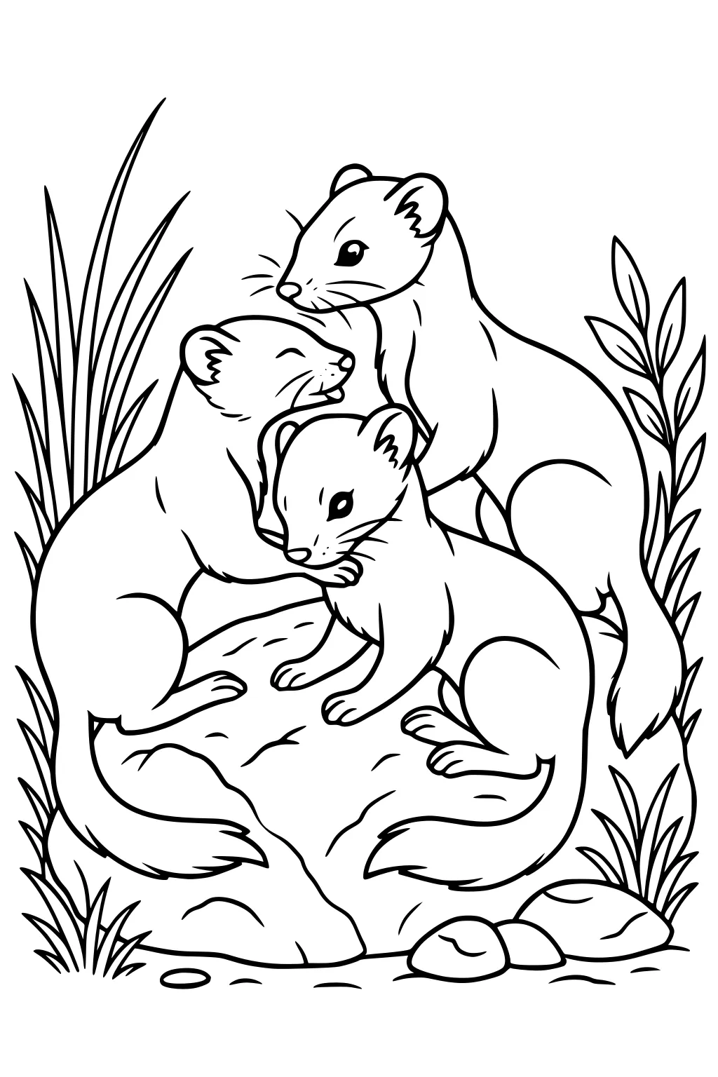 Three weasels snuggling together on a rock with long grass and stones around them.