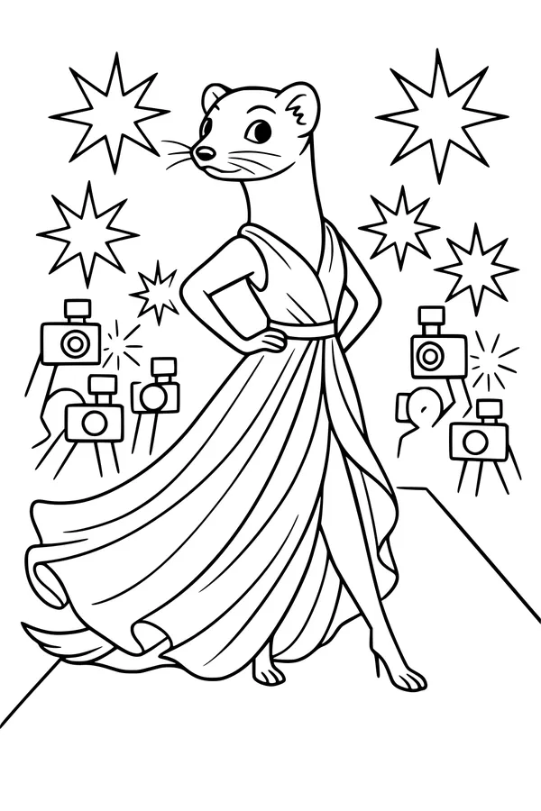 Free Weasel Coloring Page - Fashion Runway Star in Glamorous Dress (Printable PDF)
