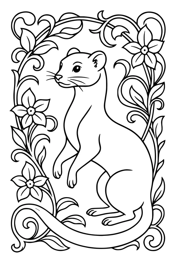 Free Weasel Coloring Page - Whiskered Friend in a Flower Garden (Printable PDF)