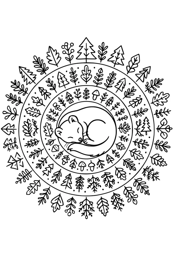 Free Weasel Coloring Page - Sleepy Forest Nest Mandala (Printable PDF)