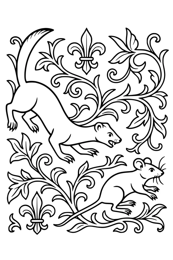 Free Weasel Coloring Page - Stalking Mouse in Ornate Garden (Printable PDF)