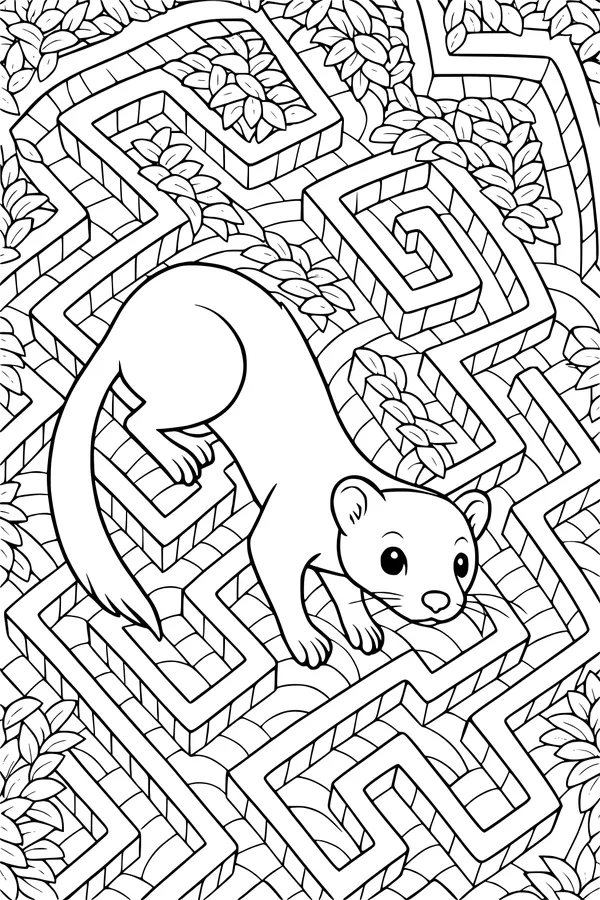 Free Weasel Coloring Page - Wiggly Weasel in a Leafy Brick Maze (Printable PDF)