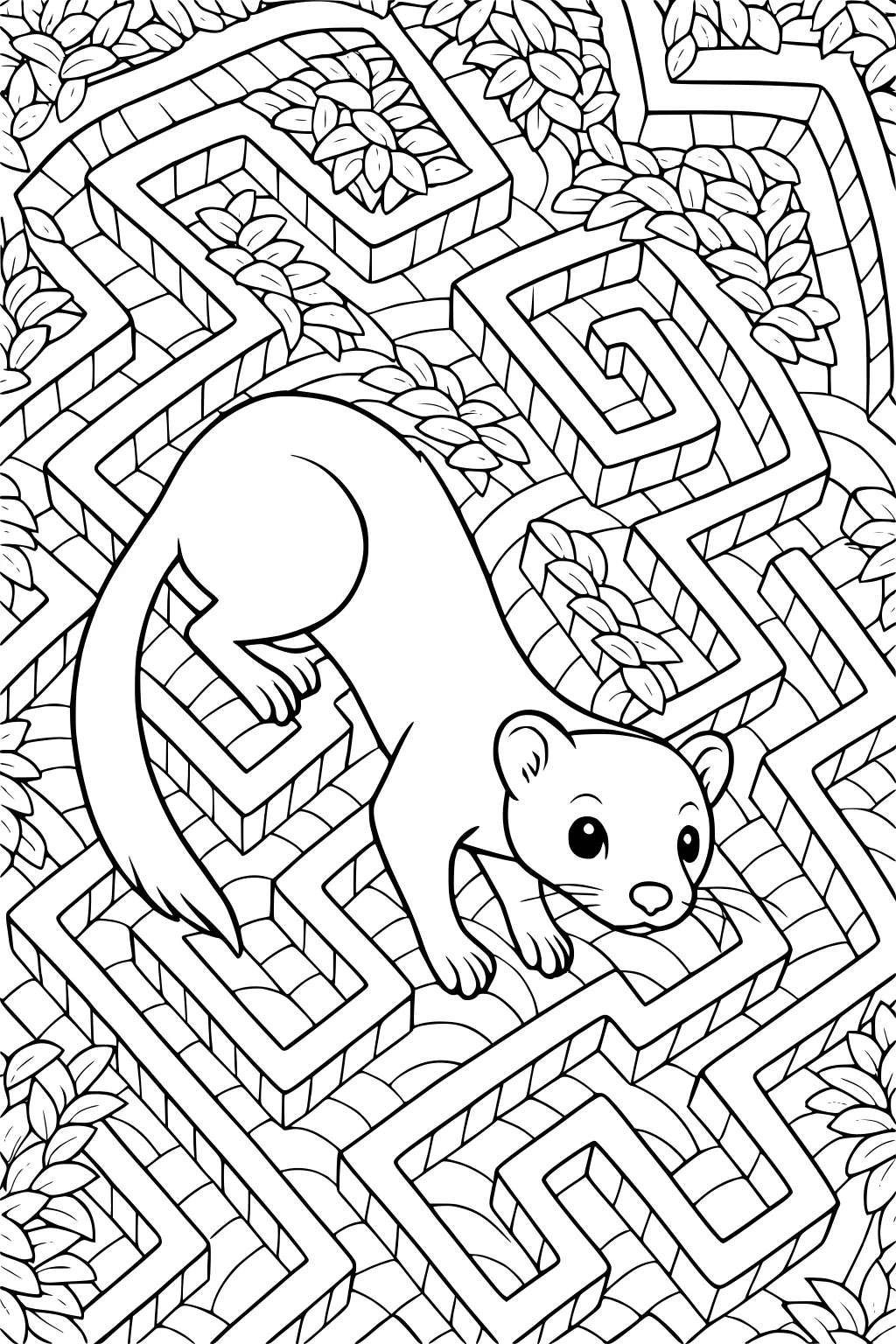 Weasel with large eyes and tail exploring a brick maze with leafy plants between walls.