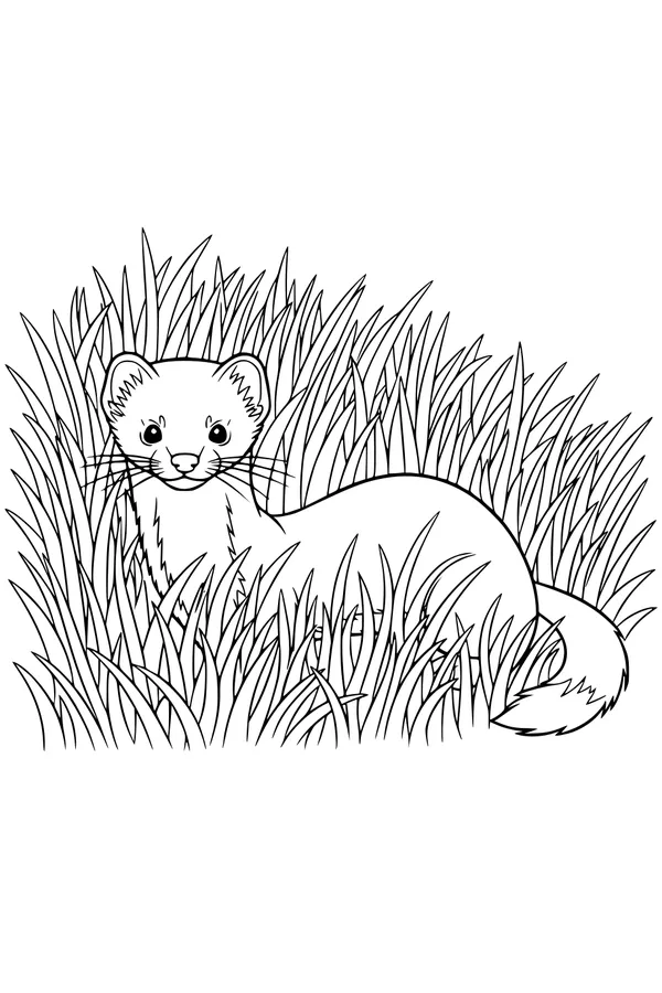 Free Weasel Coloring Page - Whiskered Weasel in Tall Grass (Printable PDF)