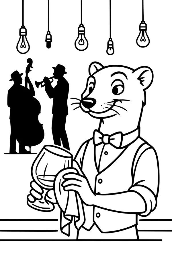 Free Weasel Coloring Page - Jazz Bartender at Nightclub (Printable PDF)