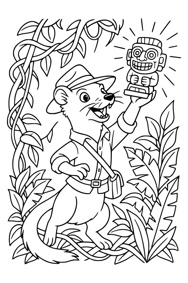 Free Weasel Coloring Page - Jungle Explorer With Idol Statue (Printable PDF)