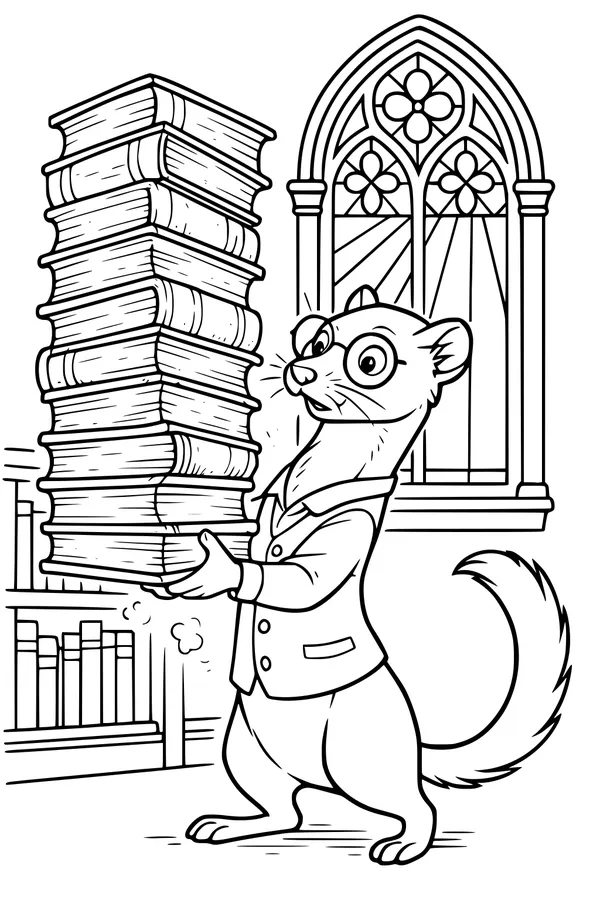 Free Weasel Coloring Page - Professor Weasel With Tower of Books (Printable PDF)