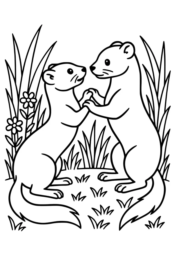 Free Weasel Coloring Page - Two Weasel Friends in a Flower Meadow (Printable PDF)