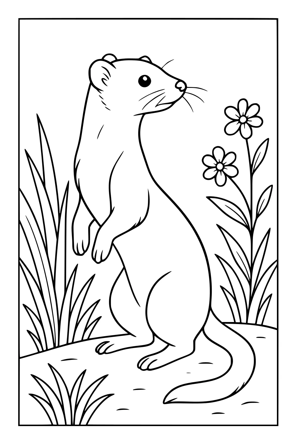 Weasel standing on hind legs in grass, surrounded by two flowers and tall grassy plants.