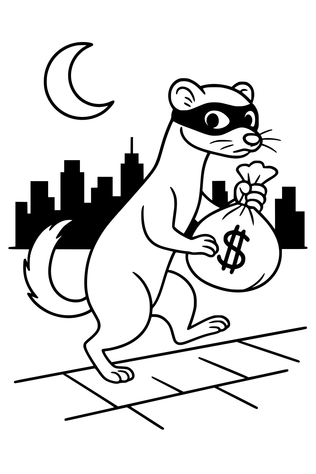 Masked weasel with a money bag on a city sidewalk at night, city skyline and crescent moon behind.